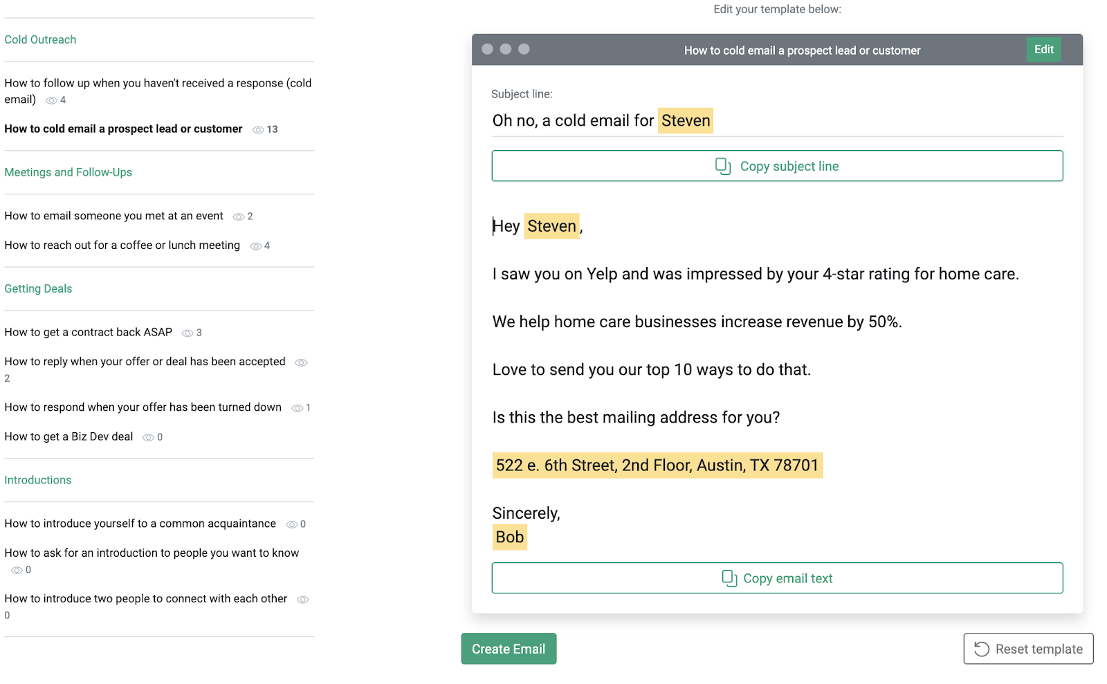 Email template app dashboard